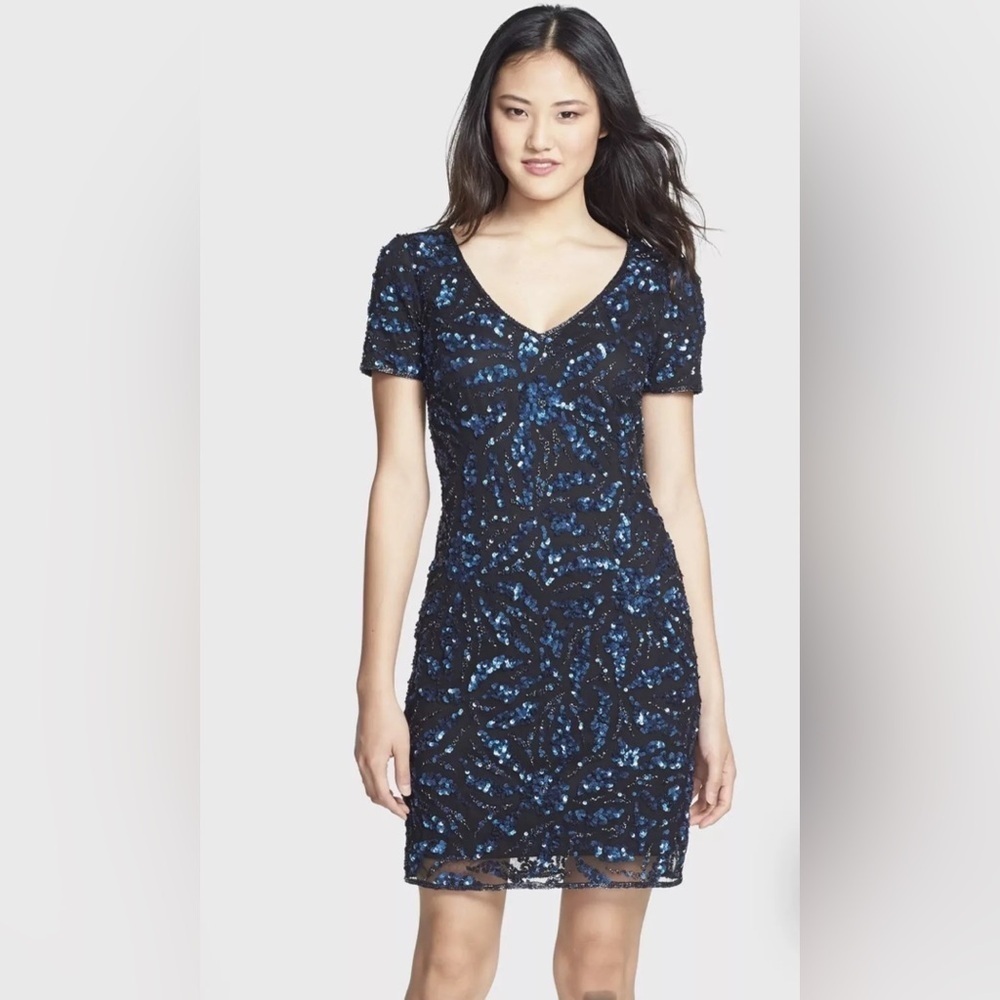 ADRIANNA PAPELL BLUE SEQUIN BEADED MESH SHORT MINI COCKTAIL DRESS 4